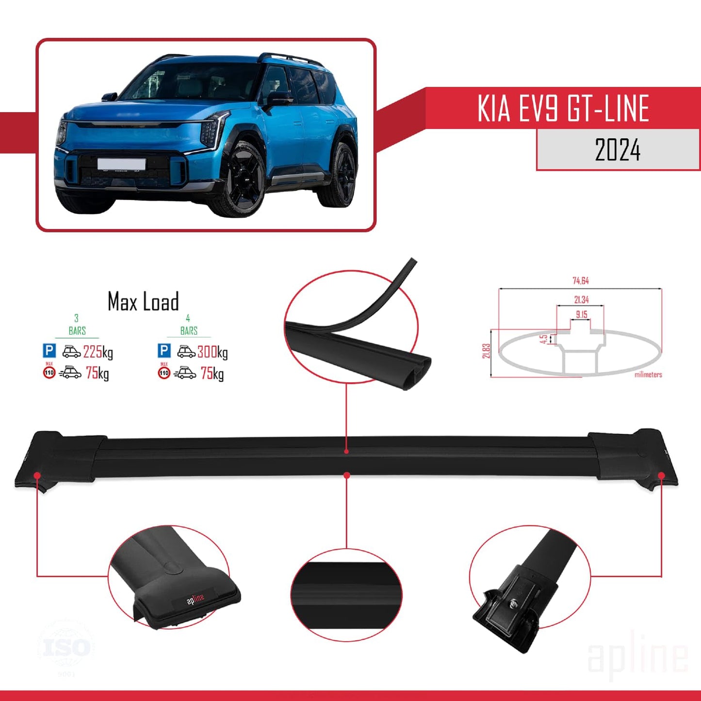 Compatible with KIA EV9 GT-LINE 2024-2025 Fly Model Car Roof Rack Cross Bar Black Aluminium 3 Bars