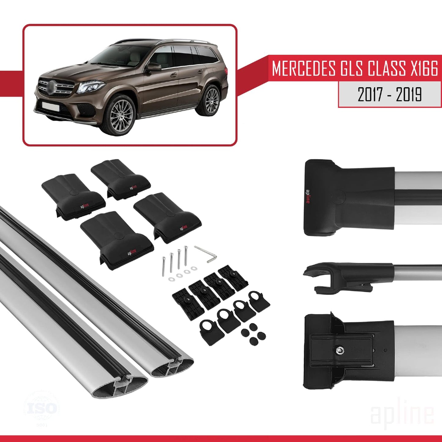 Compatible with Mercedes GLS Class X166 2017-2019 Fly Model Car Roof Rack Cross Bar Grey Aluminium 2 Bars