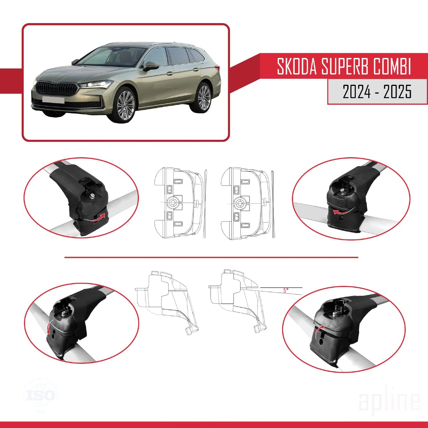 Compatible with Skoda Superb Combi 2024-2025 ACE-2 Car Roof Rack Cross Bar Grey Aluminium 2 Bars