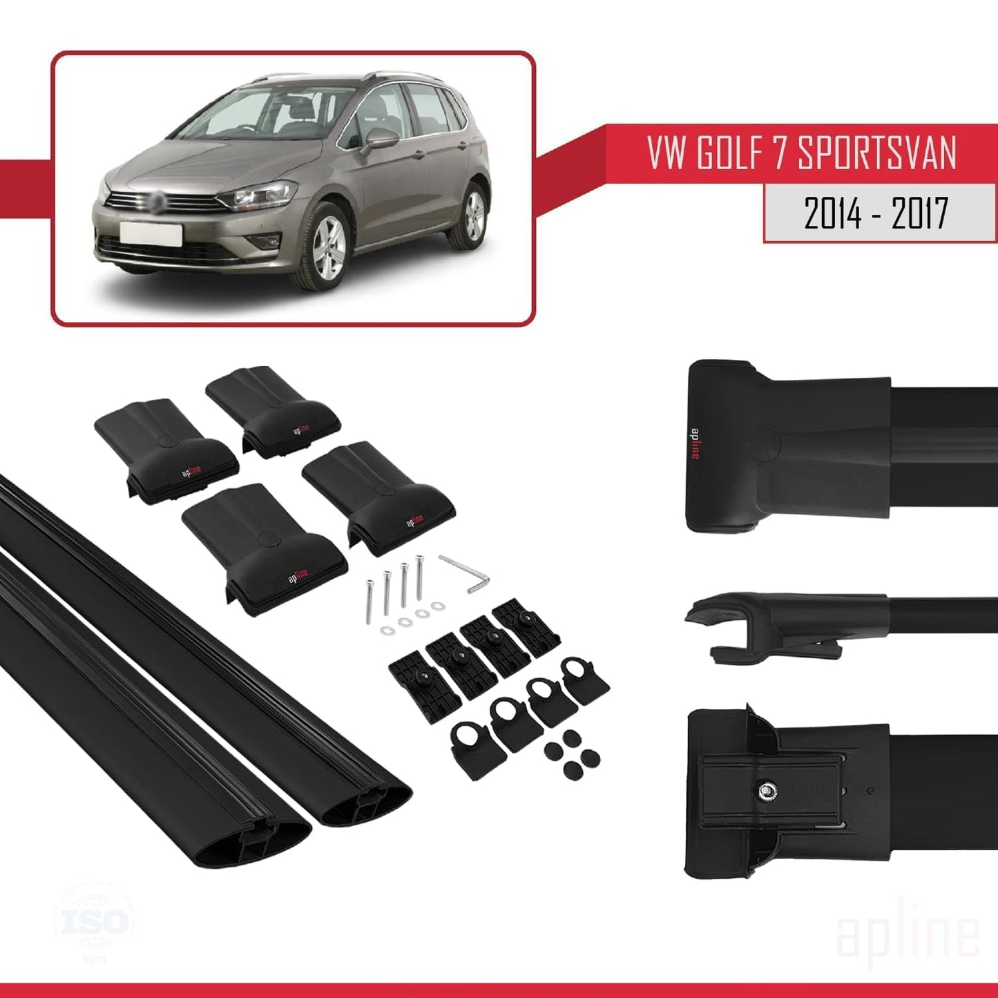 Compatible with Volkswagen Golf Sportvan 2014-2017 Fly Model Car Roof Rack Cross Bar Black Aluminium 2 Bars