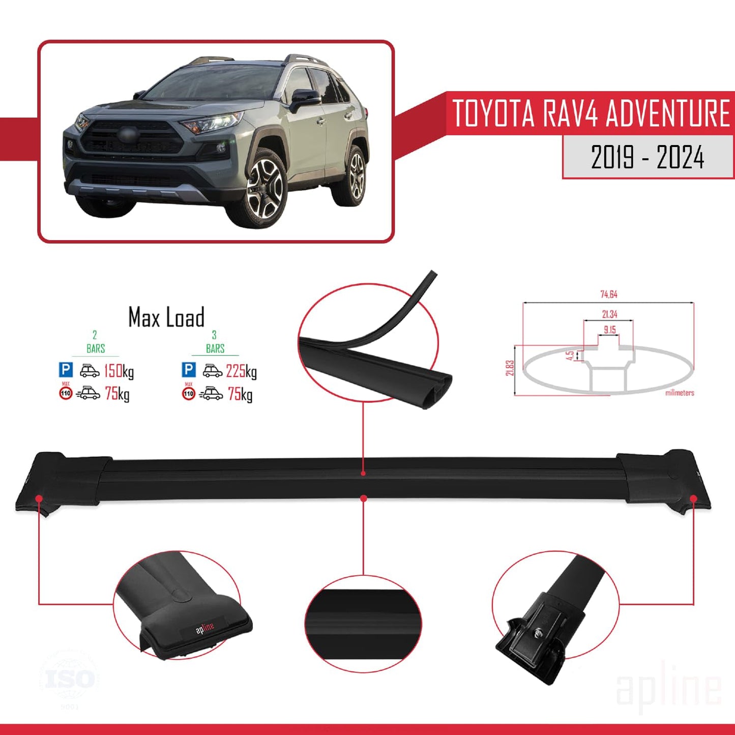 Compatible with Toyota RAV4 Adventure 2019-2024 Fly Model Car Roof Rack Cross Bar Black Aluminium 2 Bars