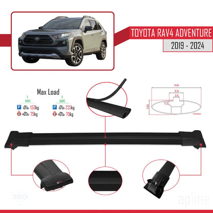 Compatible with Toyota RAV4 Adventure 2019-2024 Fly Model Car Roof Rack Cross Bar Black Aluminium 2 Bars
