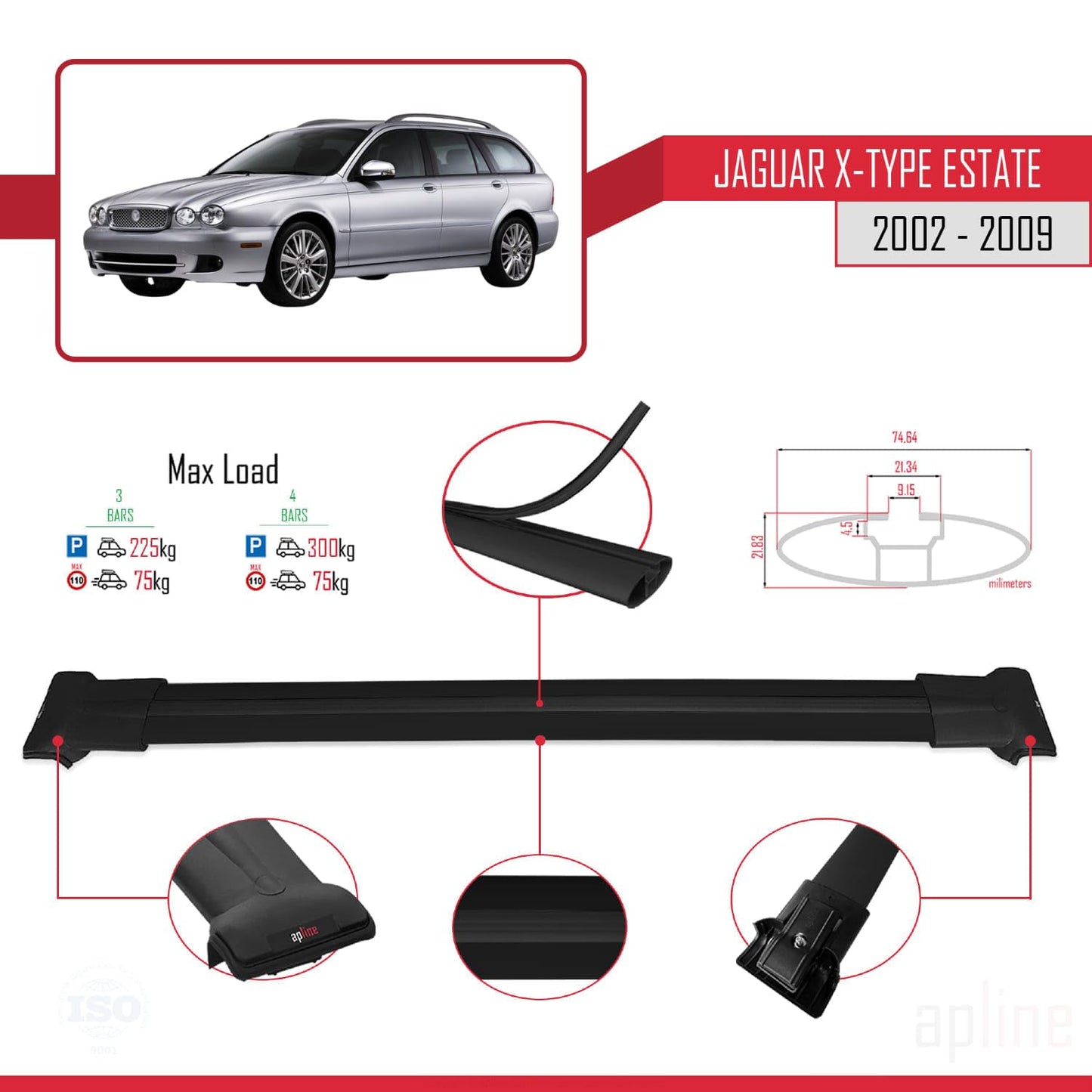 Compatible with Jaguar X-Type Estate 2002-2009 Fly Model Car Roof Rack Cross Bar Black Aluminium 3 Bars