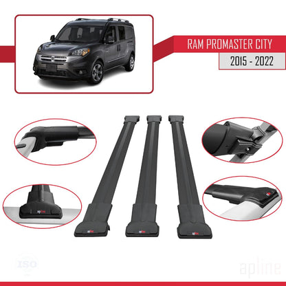 Compatible with Ram Promaster City (636) 2015-2022 Fly Model Car Roof Rack Cross Bar Black Aluminium 3 Bars