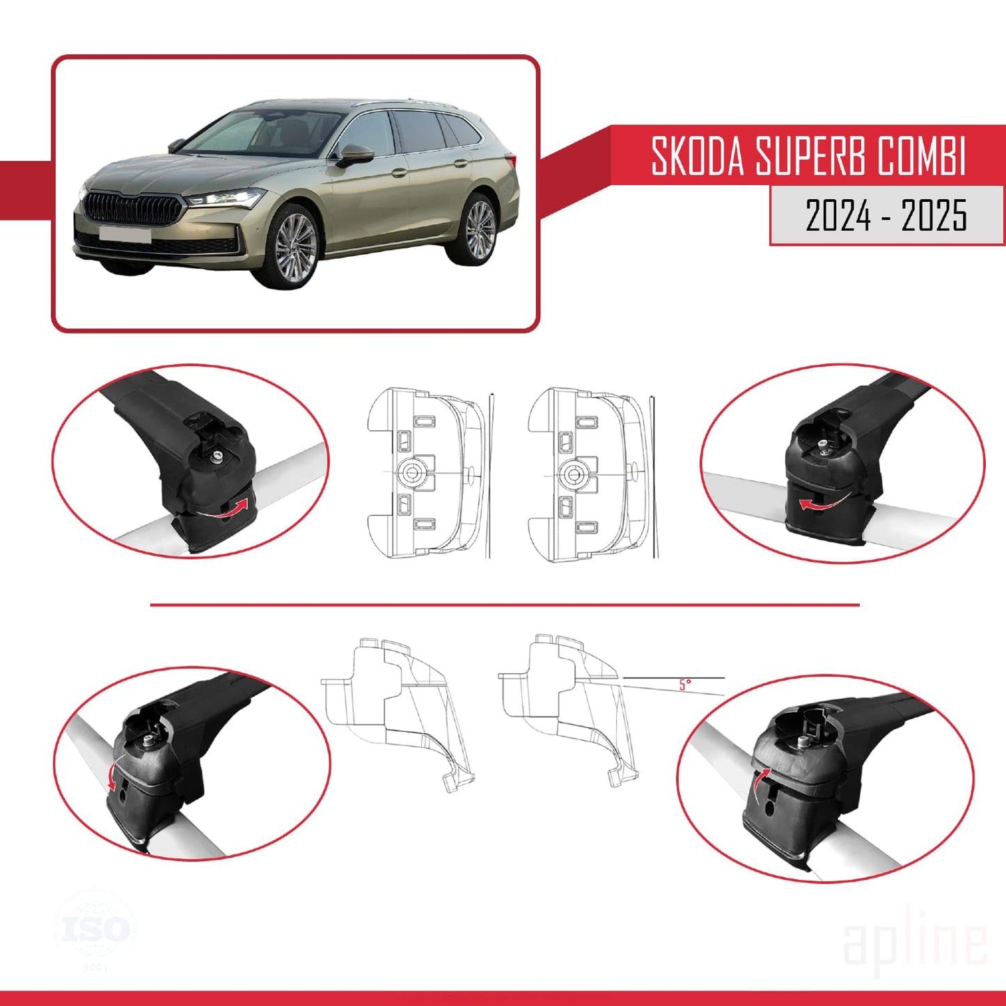 Compatible with Skoda Superb Combi 2024-2025 ACE-2 Car Roof Rack Cross Bar Black Aluminium 2 Bars