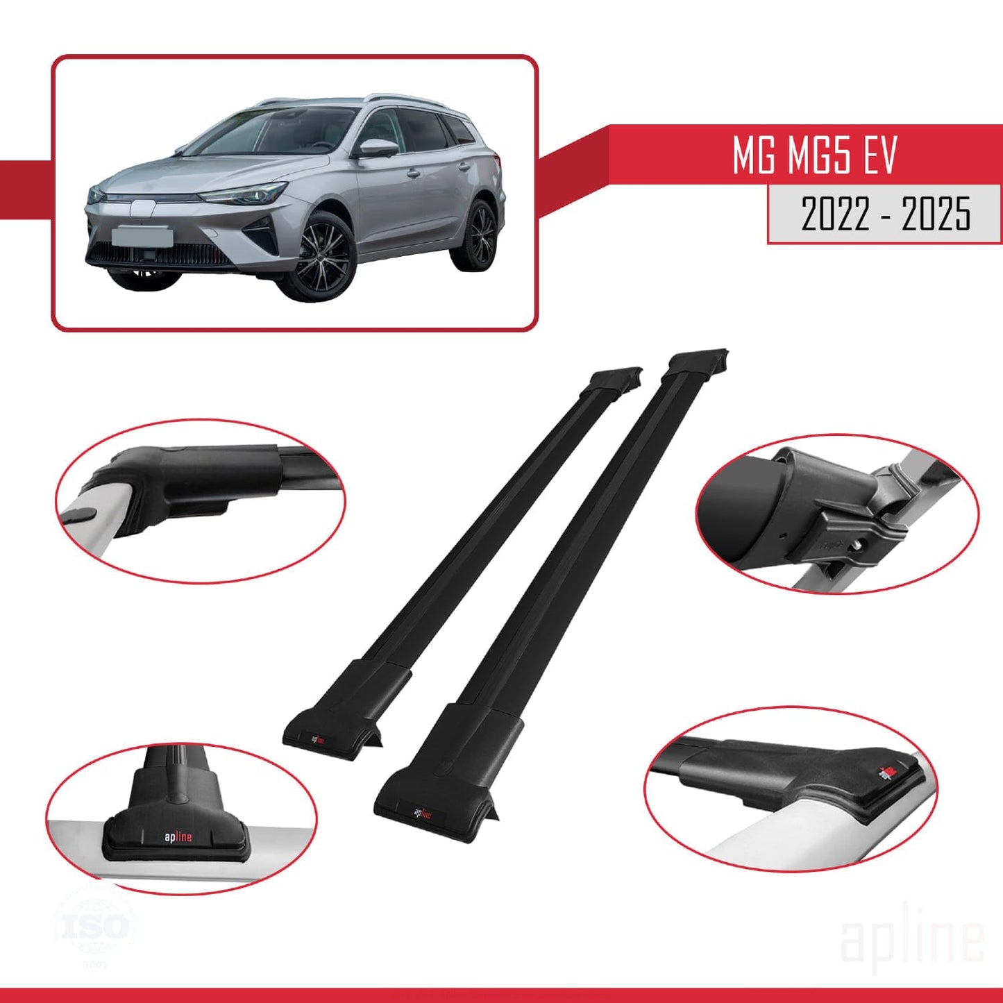 Compatible with MG 5 EV 2022-2025 Fly Model Car Roof Rack Cross Bar Black Aluminium 2 Bars