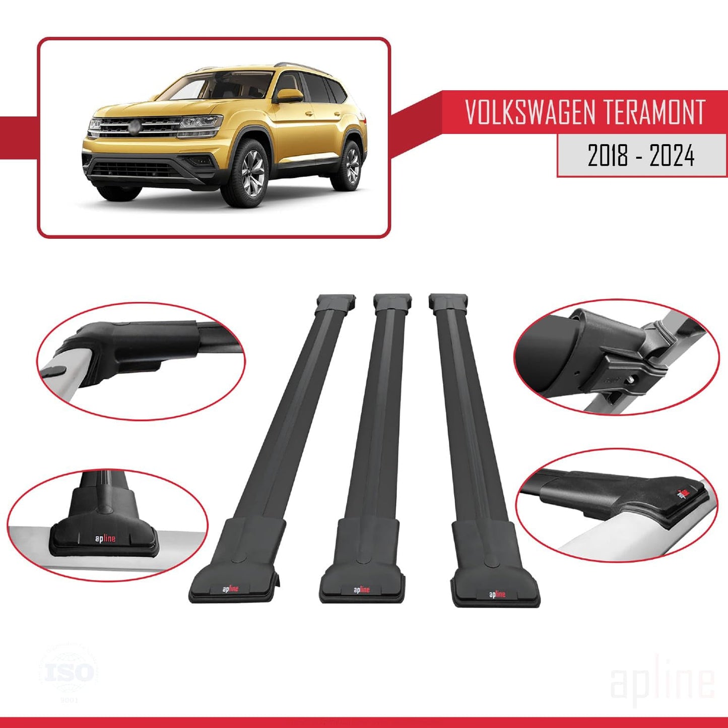 Compatible with Volkswagen Teramont (CA1) 2018-2024 Fly Model Car Roof Rack Cross Bar Black Aluminium 3 Bars