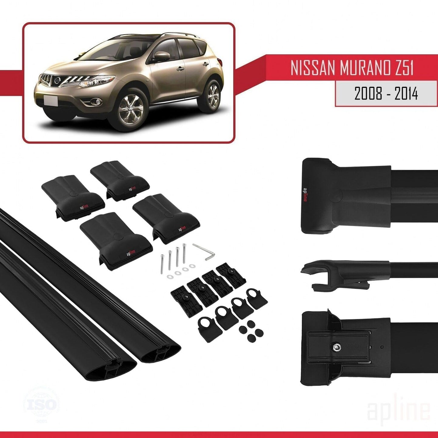 Compatible with Nissan Murano 2 (Z51) 2008-2014 Fly Model Car Roof Rack Cross Bar Black Aluminium 2 Bars