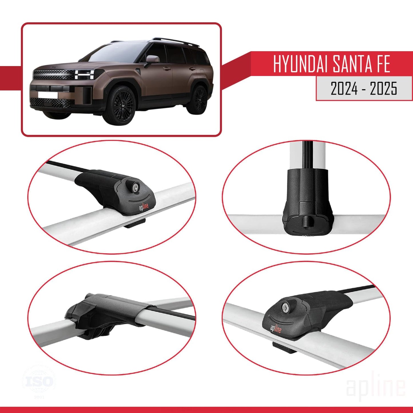 Compatible with Hyundai Santa Fe 2024-2025 ACE-1 Car Roof Rack Cross Bar Grey Aluminium 3 Bars