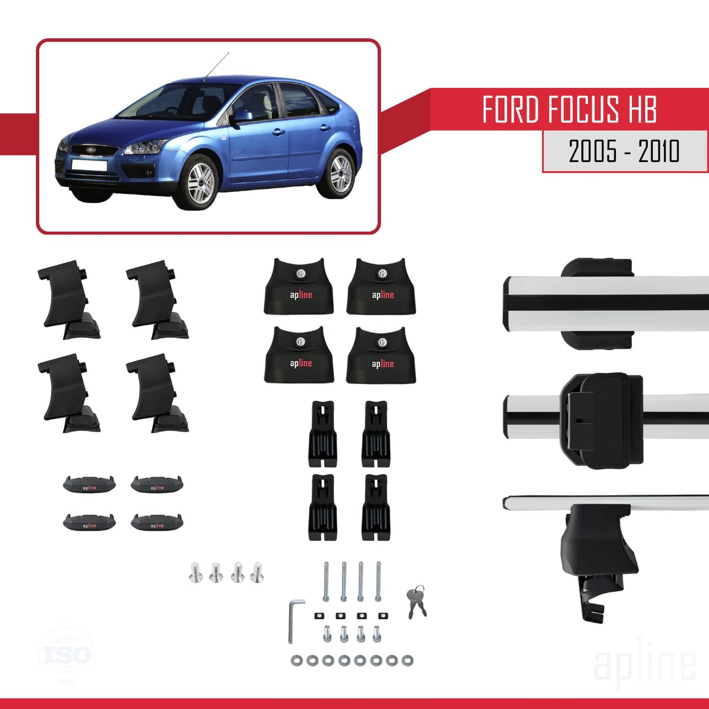 Compatible with Ford Focus 2 (C307) HB 2005-2010 ACE-4 Car Roof Rack Cross Bar Grey Aluminium 2 Bars