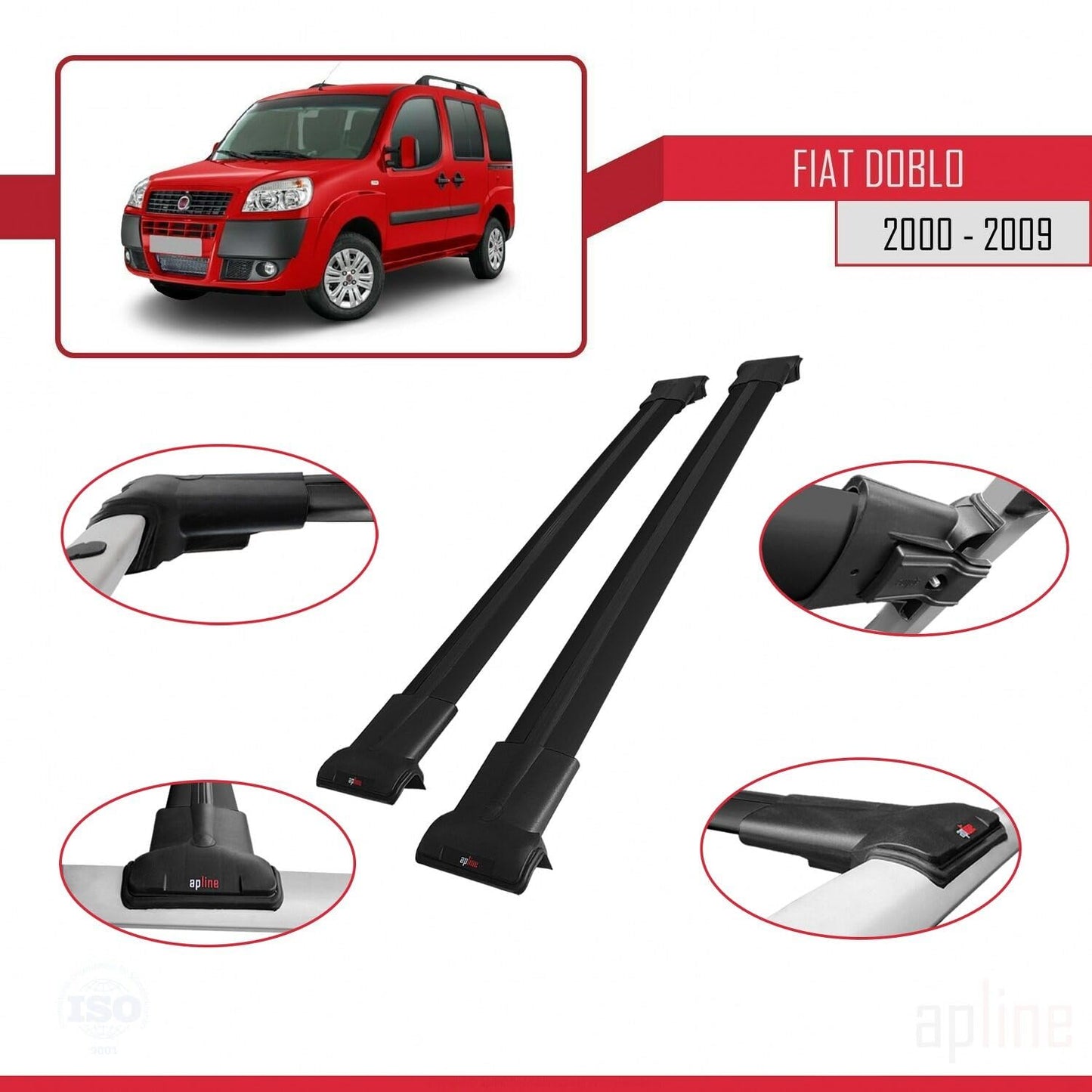 Compatible with Fiat Doblo 2000-2009 Fly Model Car Roof Rack Cross Bar Black Aluminium 2 Bars