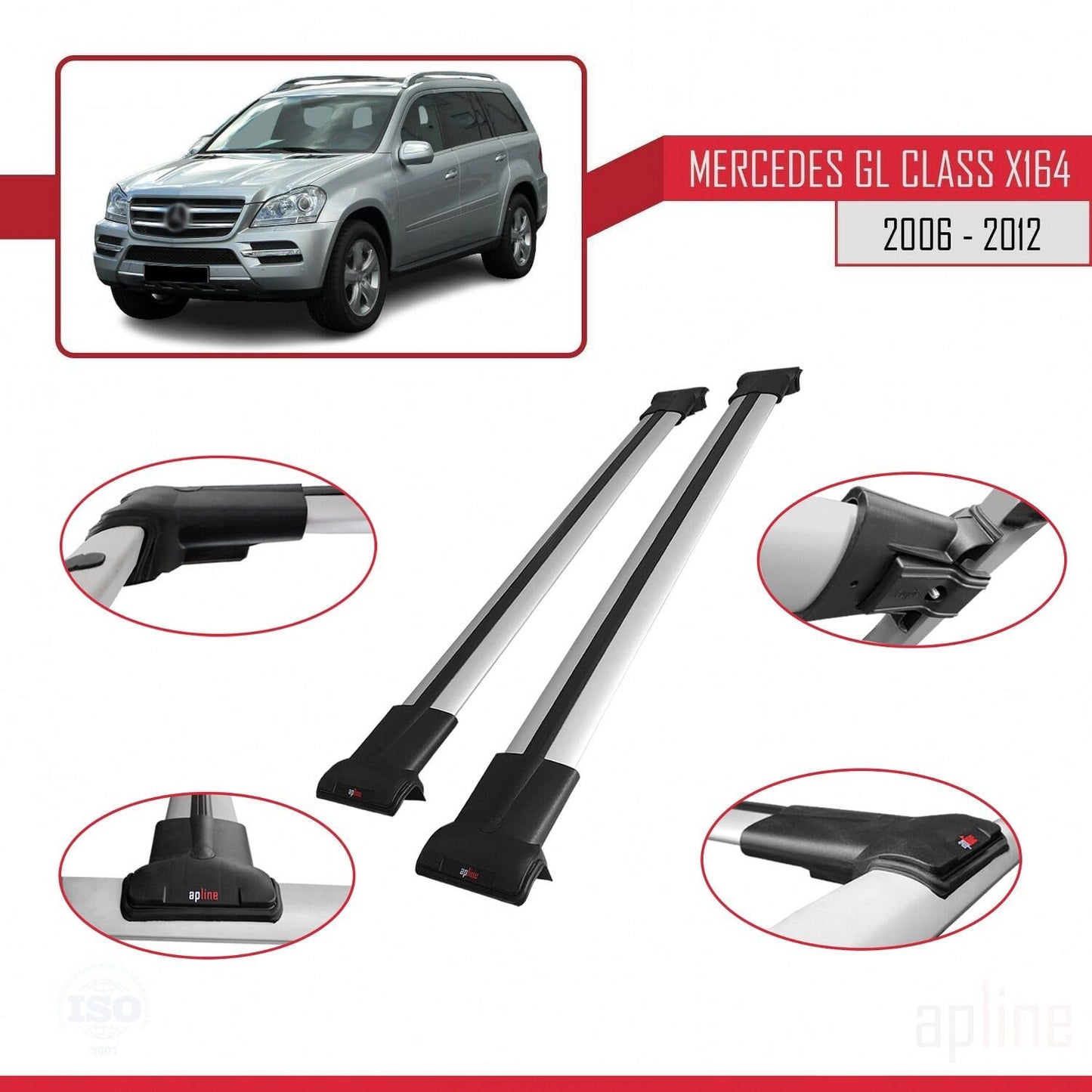 Compatible with Mercedes GL Class (X164) 2006-2012 Fly Model Car Roof Rack Cross Bar Grey Aluminium 2 Bars