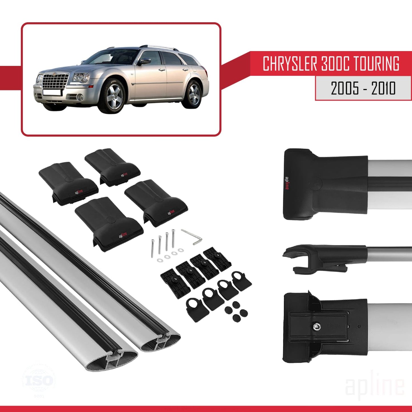 Compatible with Chrysler 300C Touring 2005-2010 Fly Model Car Roof Rack Cross Bar Grey Aluminium 2 Bars