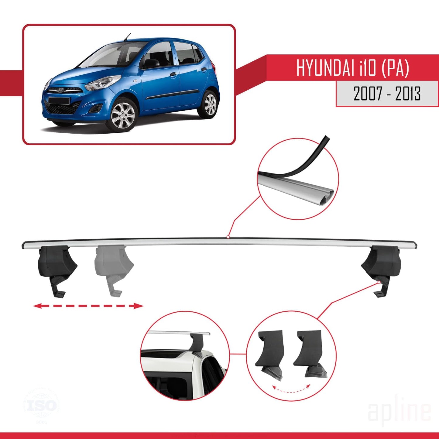 Compatible with Hyundai i10 (PA) 2007-2013 ACE-4 Car Roof Rack Cross Bar Grey Aluminium 2 Bars