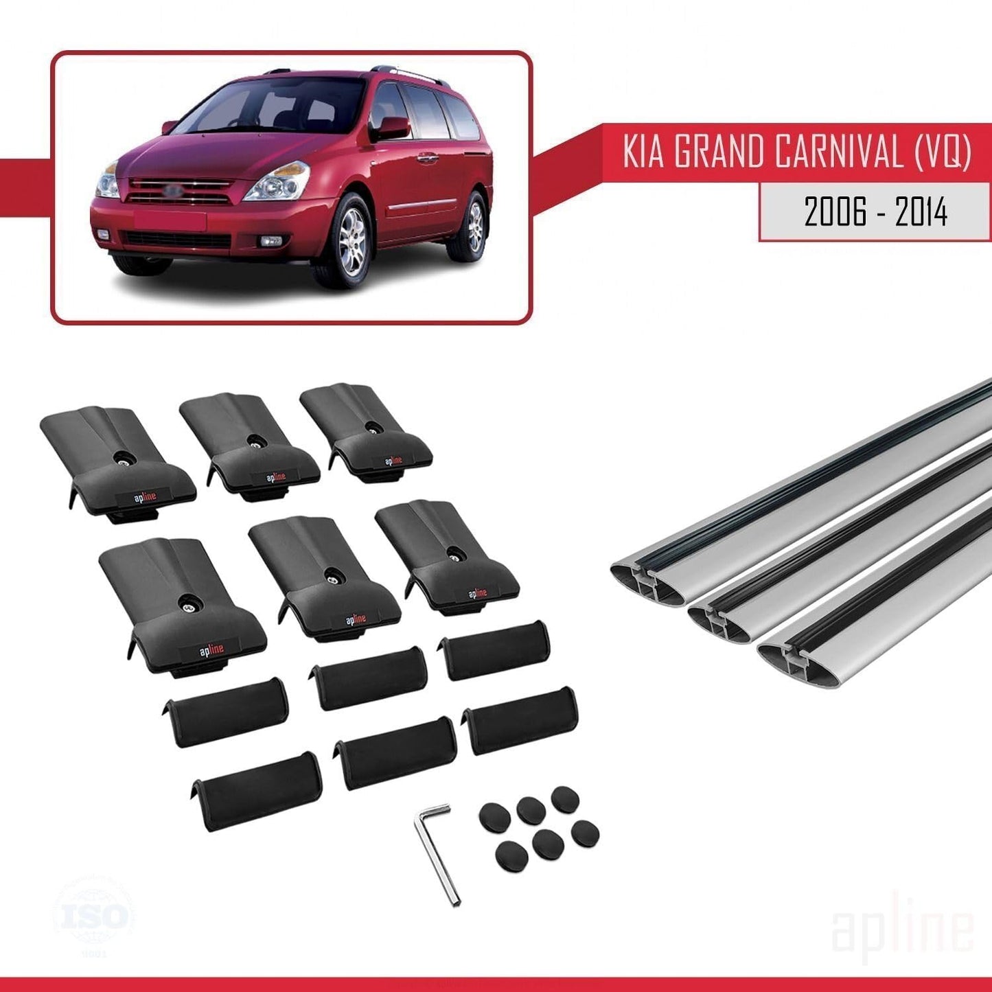 Compatible with Kia Grand Carnival 2 (VQ) 2006-2014 Fly Model Car Roof Rack Cross Bar Grey Aluminium 3 Bars