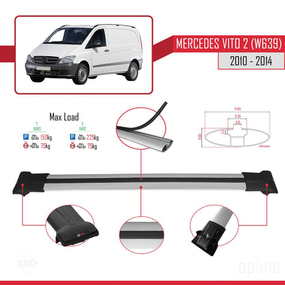 Compatible with Mercedes Vito 2 (W639) Pre-Facelift 2003-2010 Fly Model Car Roof Rack Cross Bar Grey Aluminium 2 Bars