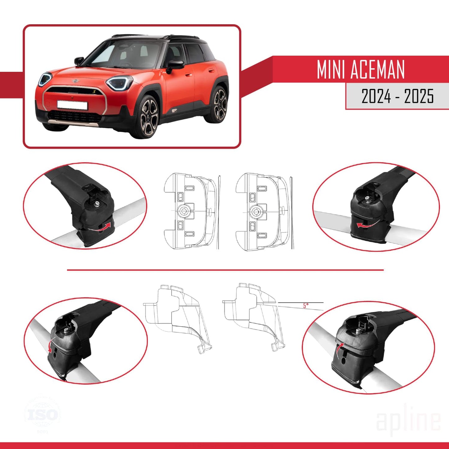 Compatible with Mini Aceman SE 2024-2025 ACE-2 Car Roof Rack Cross Bar Black Aluminium 2 Bars