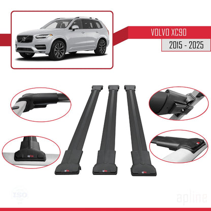 Compatible with Volvo XC90 II 2015-2025 Fly Model Car Roof Rack Cross Bar Black Aluminium 3 Bars