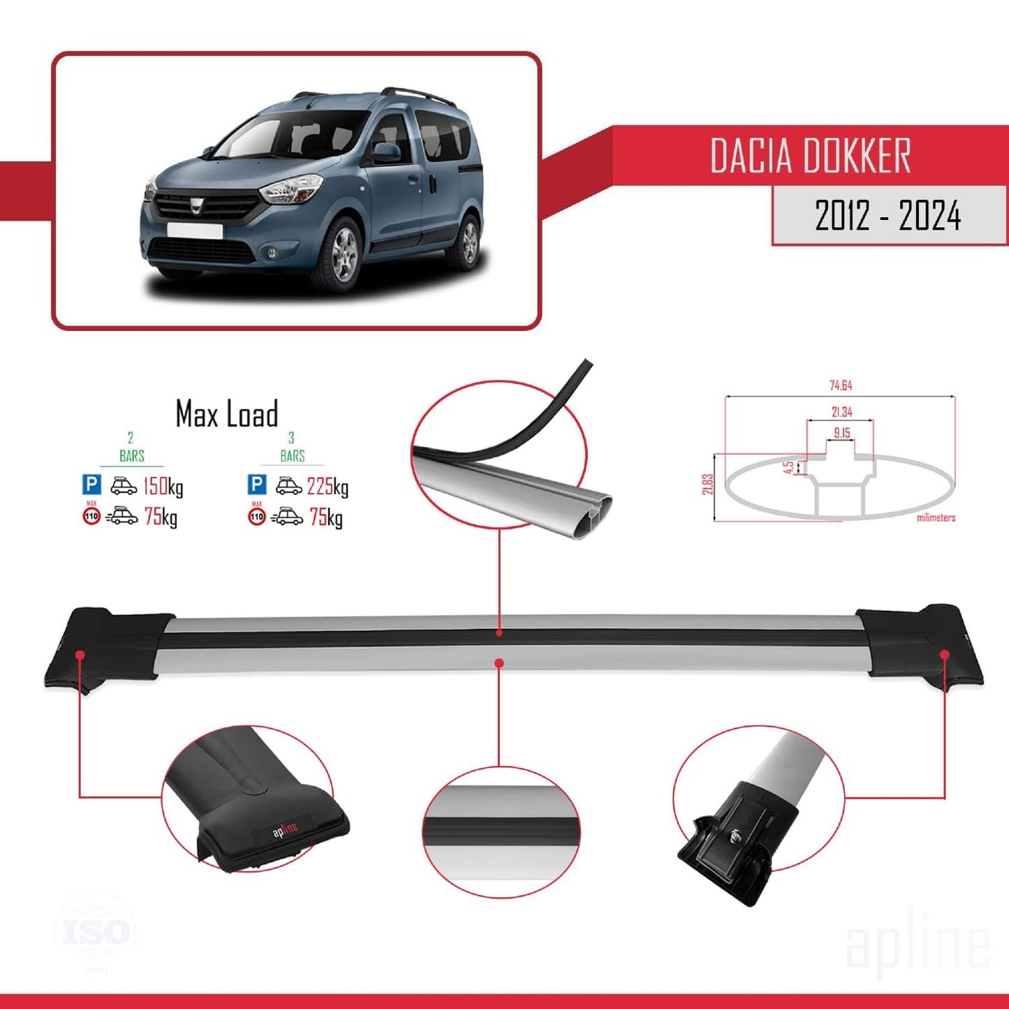 Compatible with Dacia Dokker (K67) 2012-2024 Fly Model Car Roof Rack Cross Bar Grey Aluminium 2 Bars