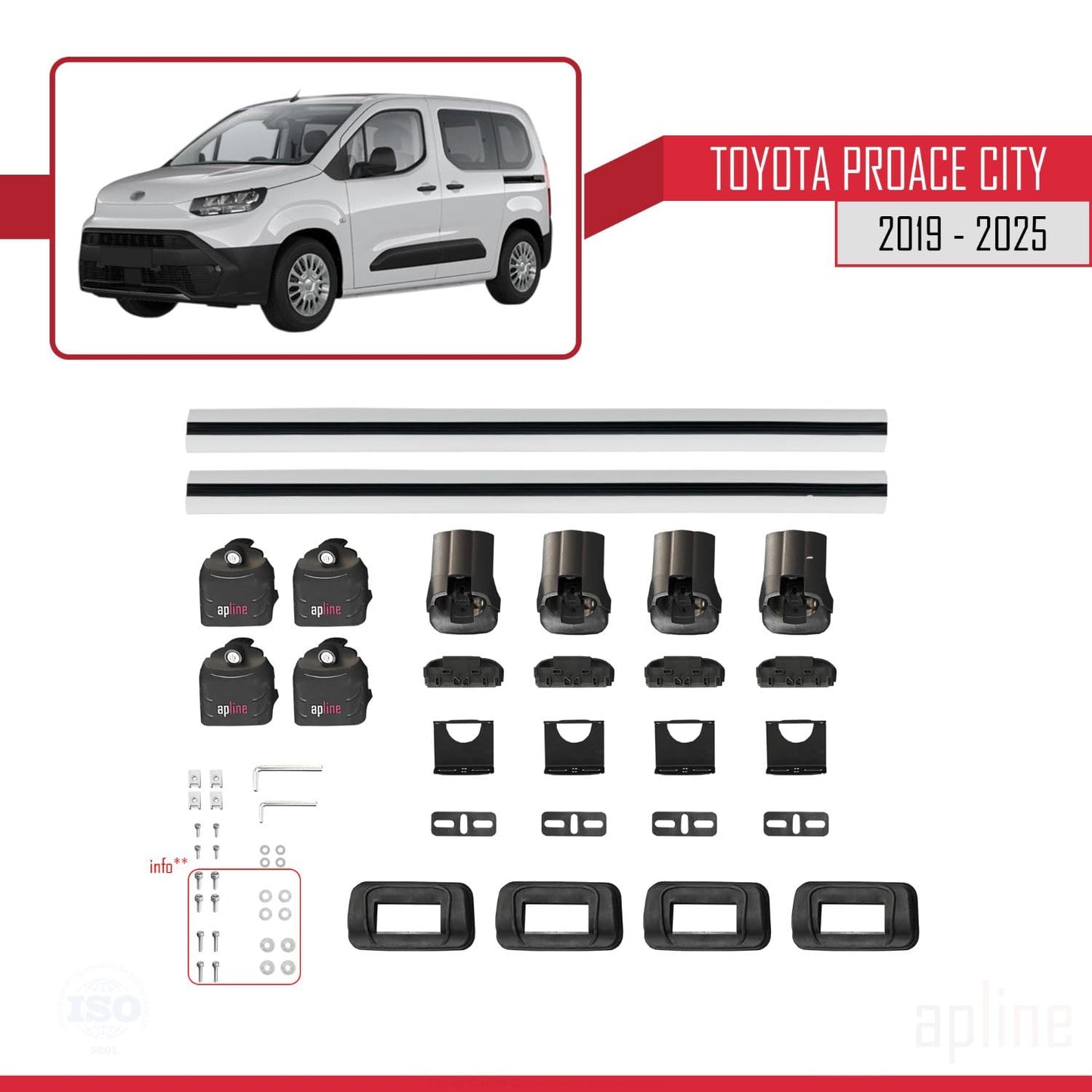 Compatible with Toyota Proace City 2019-2025 ACE-3 Car Roof Rack Cross Bar Grey Aluminium 2 Bars