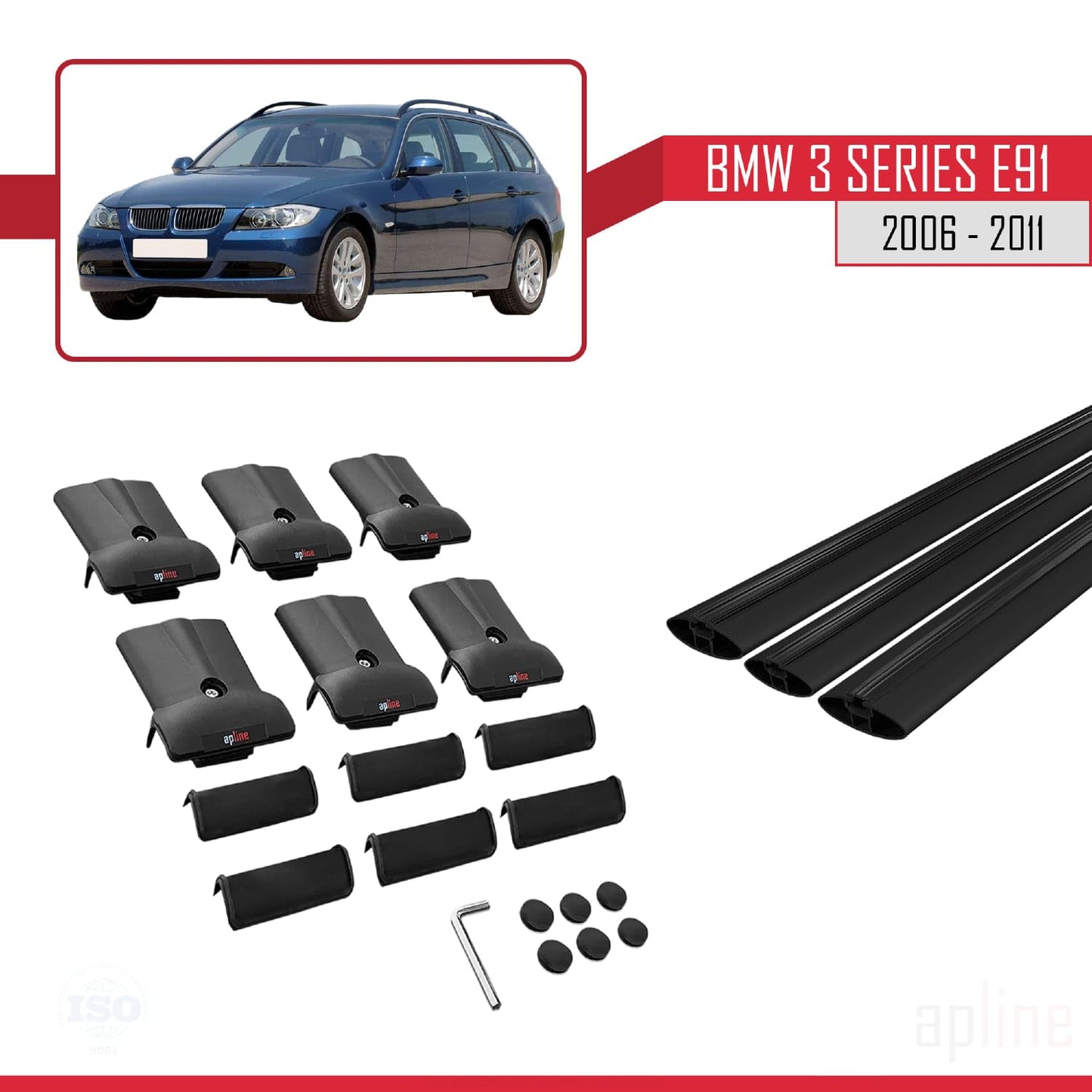 Compatible with BMW 3 Series E91 Touring 2006-2011 Fly Model Car Roof Rack Cross Bar Black Aluminium 3 Bars