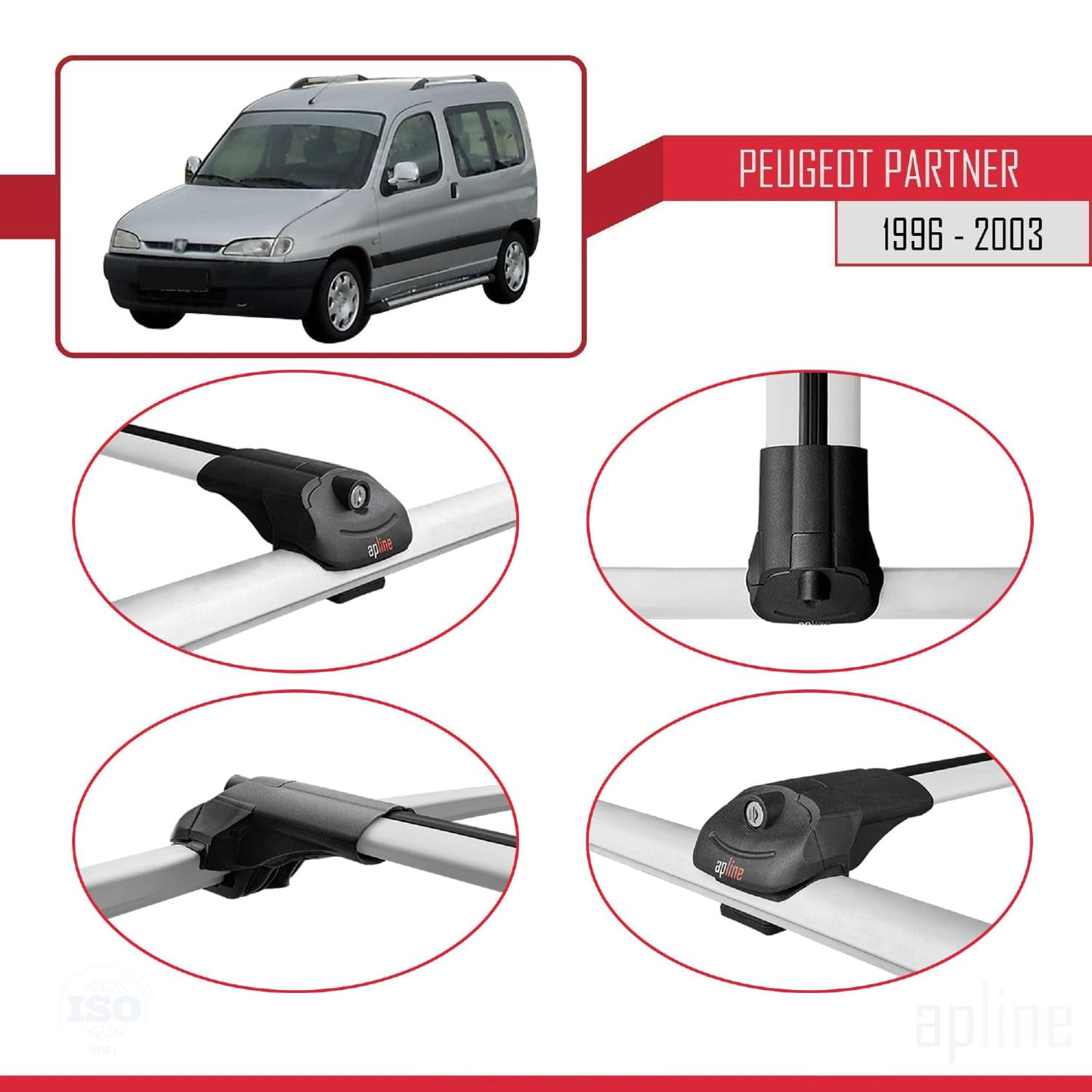 Compatible with Peugeot Partner Pre-Facelift 1996-2003 ACE-1 Car Roof Rack Cross Bar Grey Aluminium 4 Bars