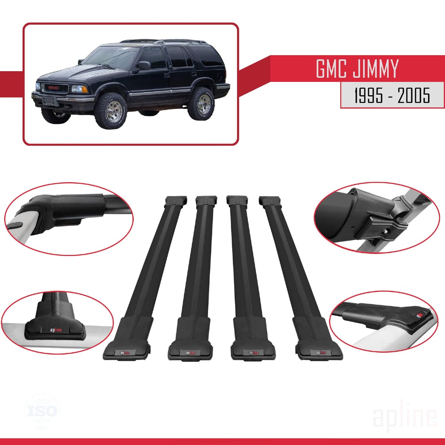 Compatible with GMC Jimmy 1995-2005 Fly Model Car Roof Rack Cross Bar Black Aluminium 4 Bars