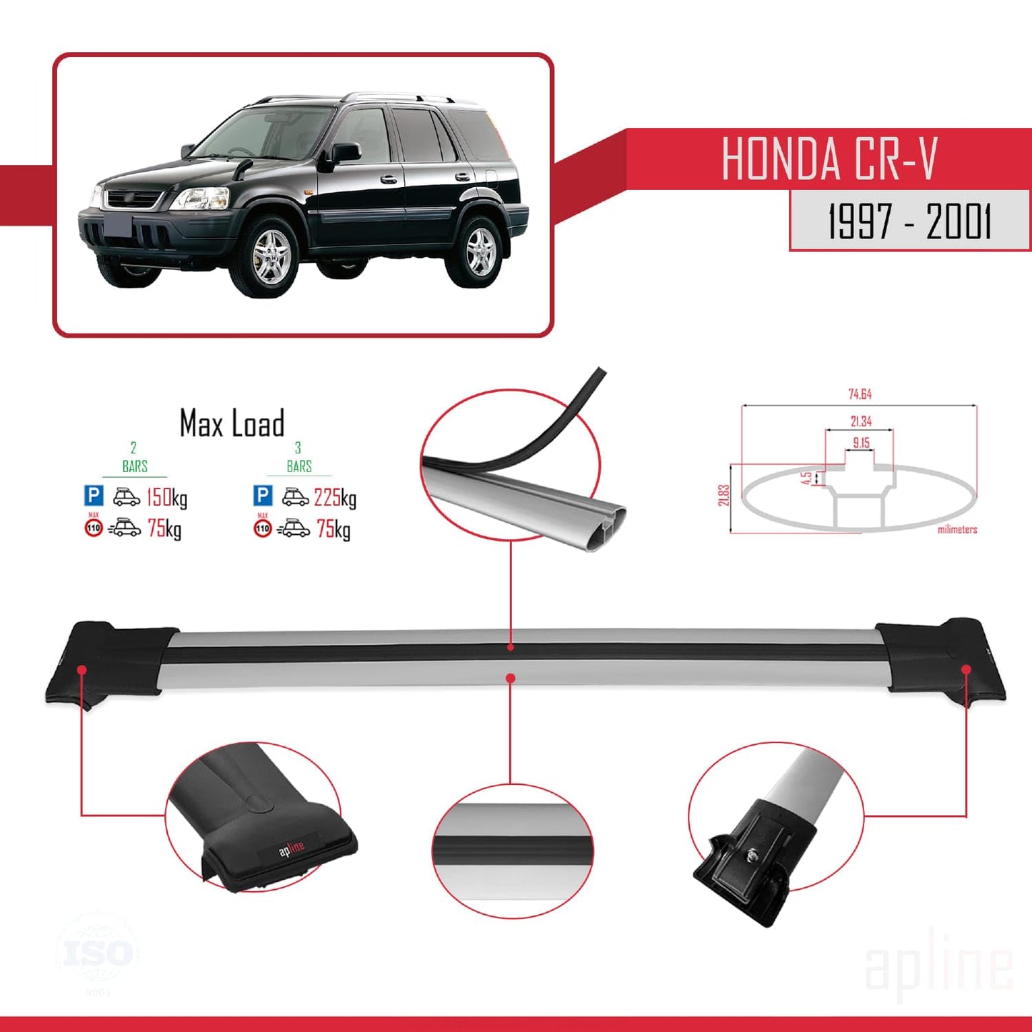 Compatible with Honda CR-V 1997-2001 Fly Model Car Roof Rack Cross Bar Grey Aluminium 2 Bars