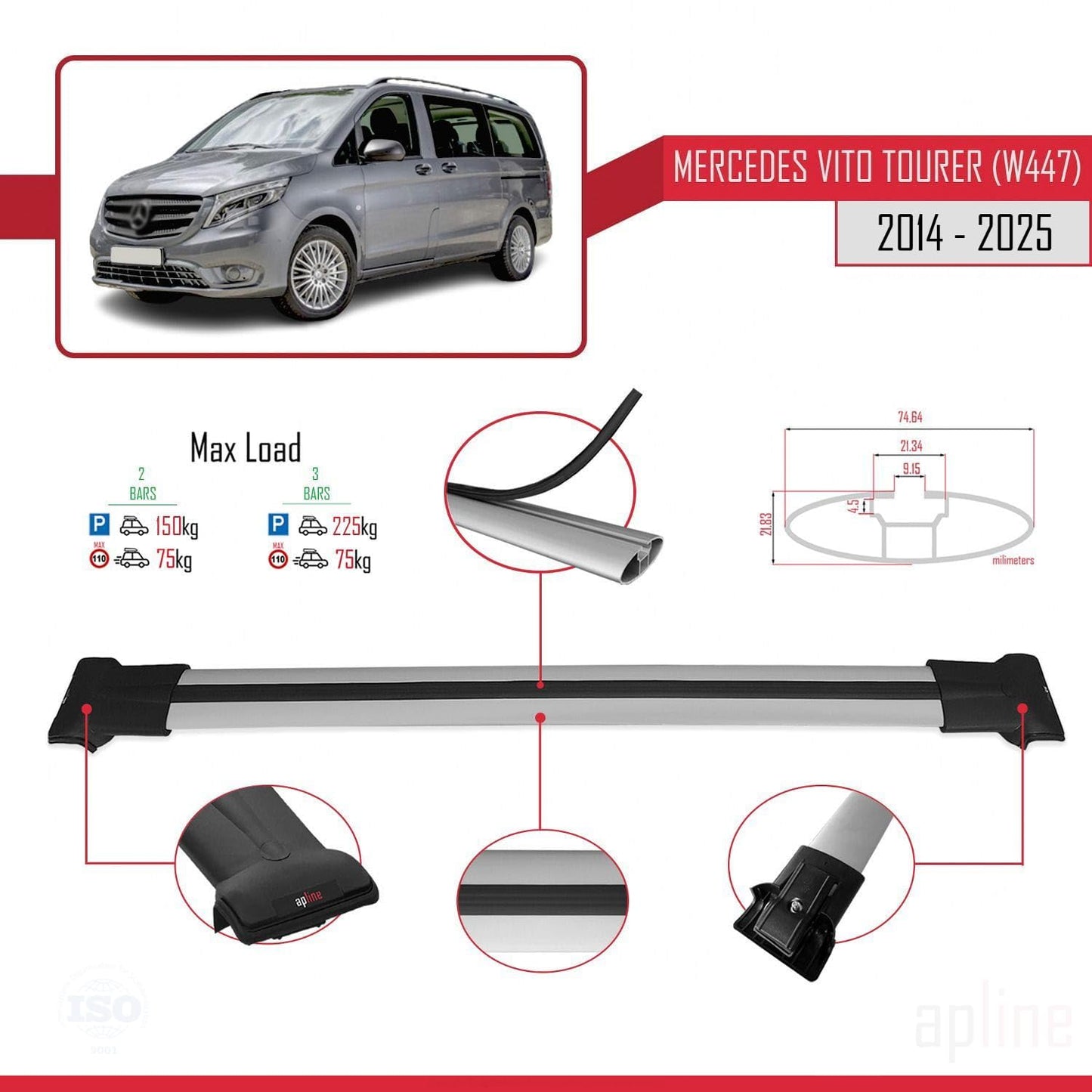 Compatible with Mercedes Vito Tourer (W447) 2014-2025 Fly Model Car Roof Rack Cross Bar Grey Aluminium 2 Bars