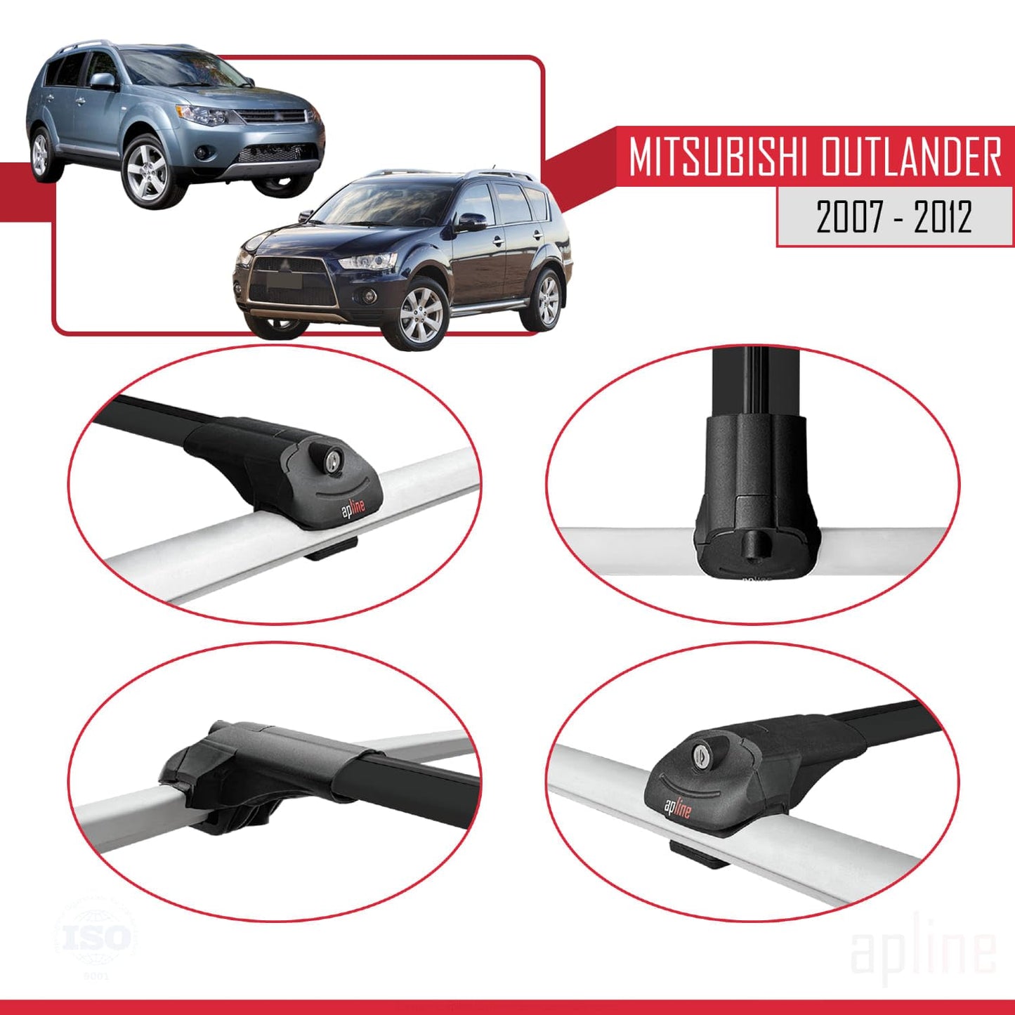 Compatible with Mitsubishi Outlander 2 2007-2012 ACE-1 Car Roof Rack Cross Bar Black Aluminium 3 Bars