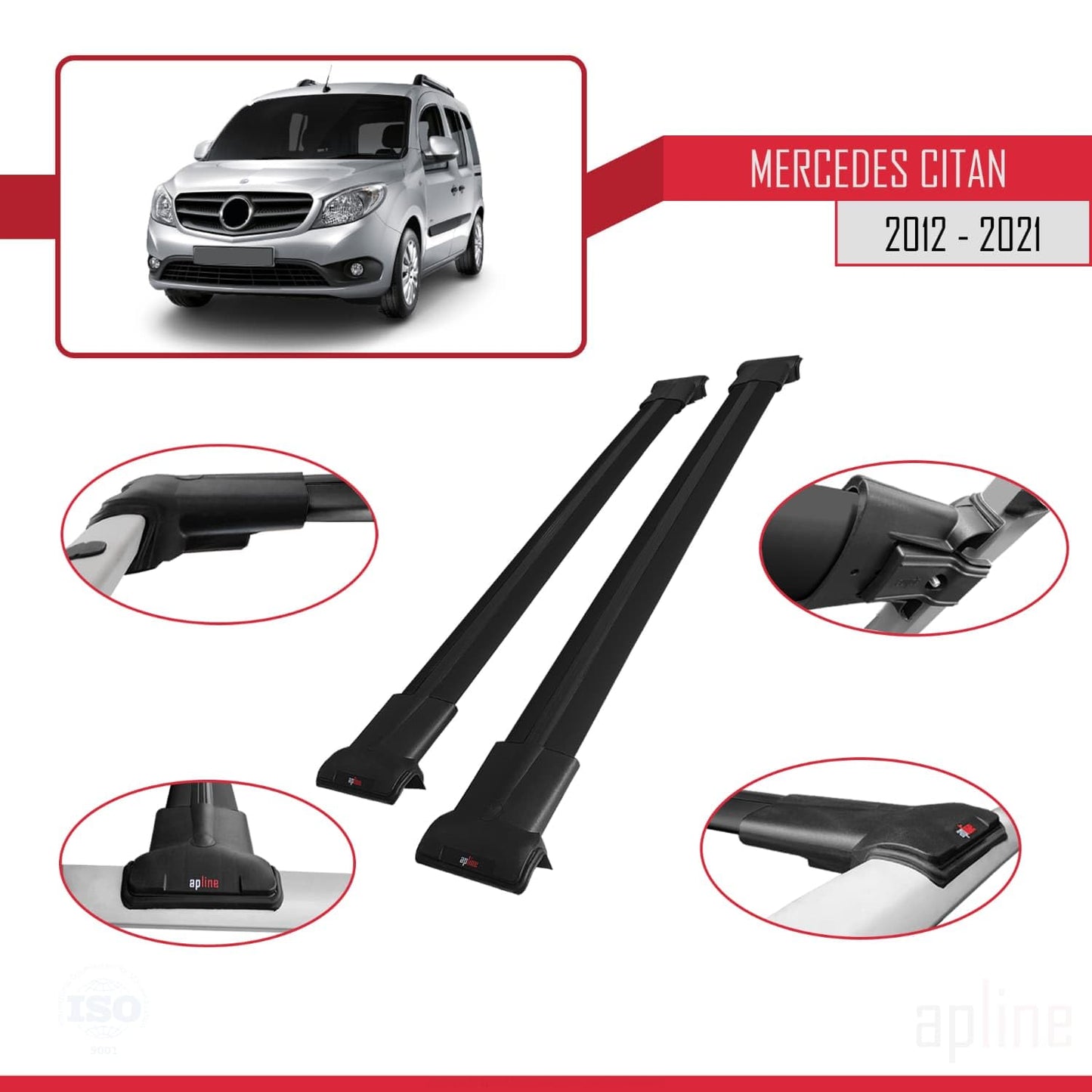 Compatible with Mercedes Citan (W415) 2012-2021 Fly Model Car Roof Rack Cross Bar Black Aluminium 2 Bars