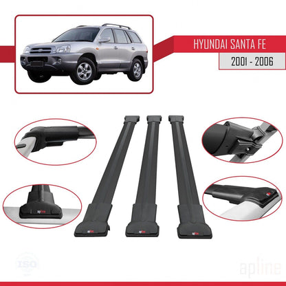 Compatible with Hyundai Santa Fe (SM) 2001-2006 Fly Model Car Roof Rack Cross Bar Black Aluminium 3 Bars