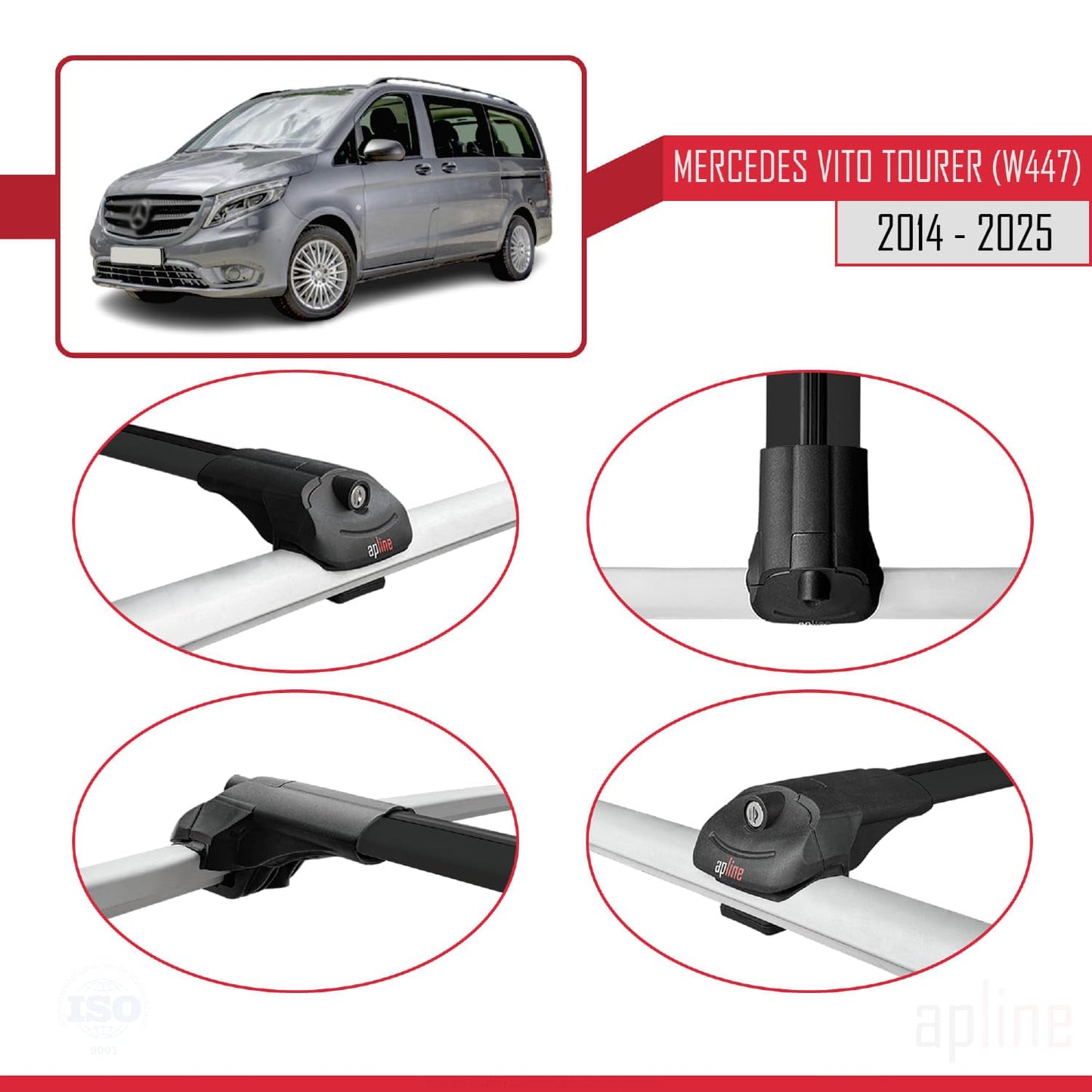 Compatible with Mercedes Vito Tourer (W447) 2014-2025 ACE-1 Car Roof Rack Cross Bar Black Aluminium 2 Bars