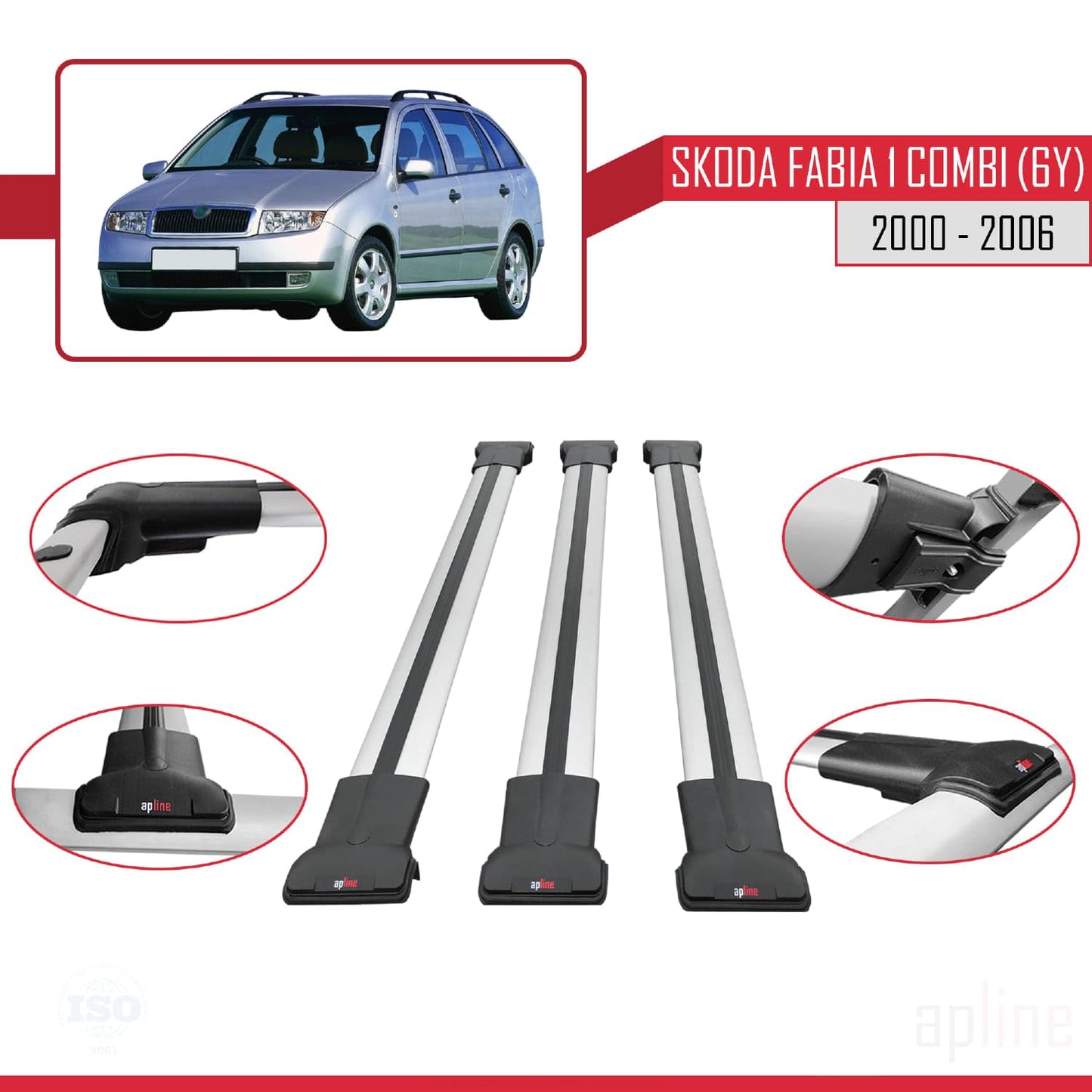 Compatible with Skoda Fabia (6Y) SW 2000-2006 Fly Model Car Roof Rack Cross Bar Grey Aluminium 3 Bars