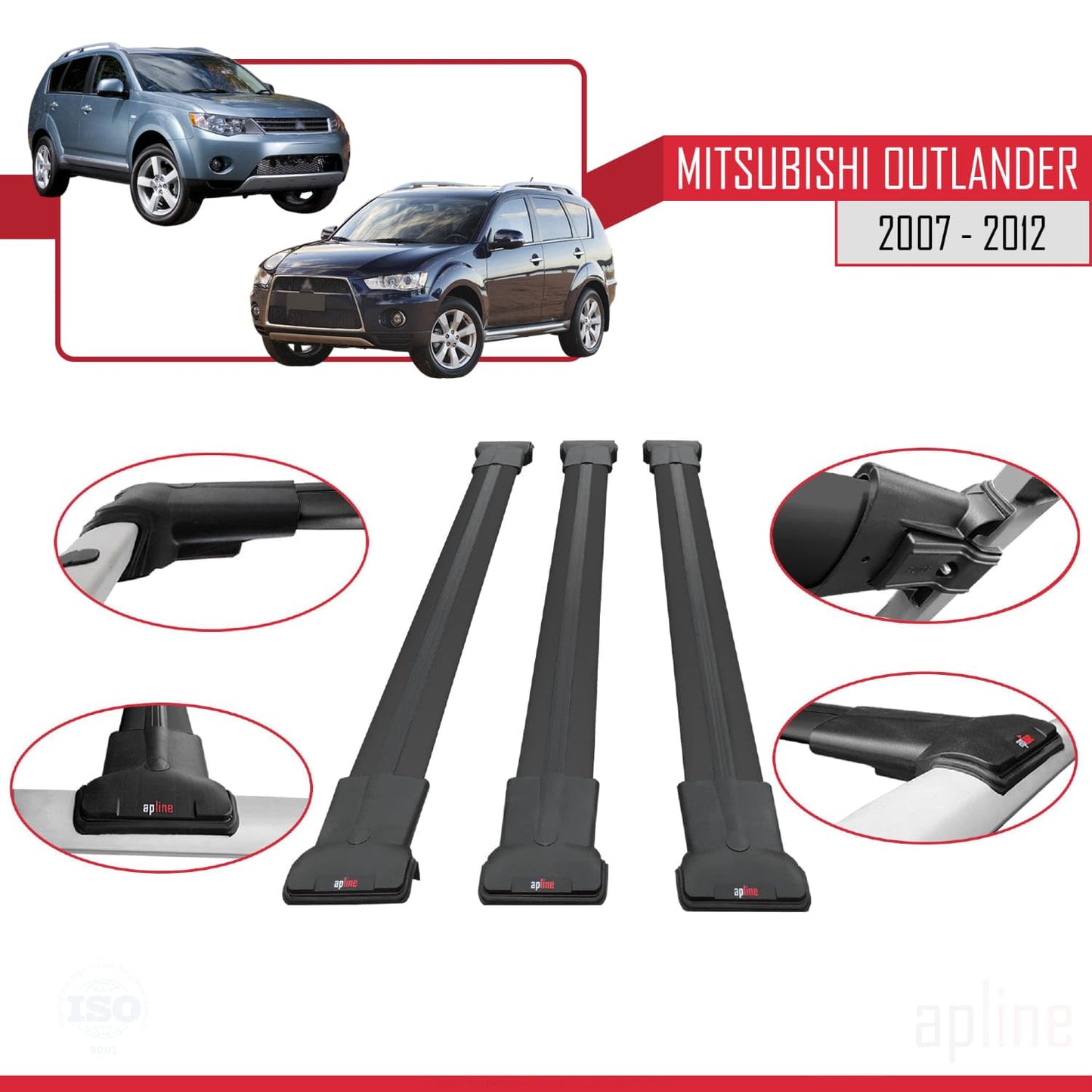 Compatible with Mitsubishi Outlander 2 2007-2012 Fly Model Car Roof Rack Cross Bar Black Aluminium 3 Bars