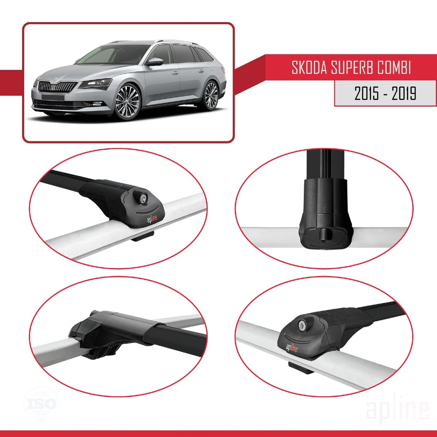 Compatible with Skoda Superb 3 (3V) SW Pre-Facelift 2015-2019 ACE-1 Car Roof Rack Cross Bar Black Aluminium 2 Bars