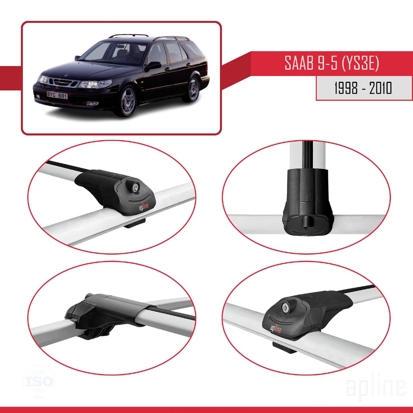 Compatible with Saab 9-5 (YS3E) SW 1998-2010 ACE-1 Car Roof Rack Cross Bar Grey Aluminium 3 Bars
