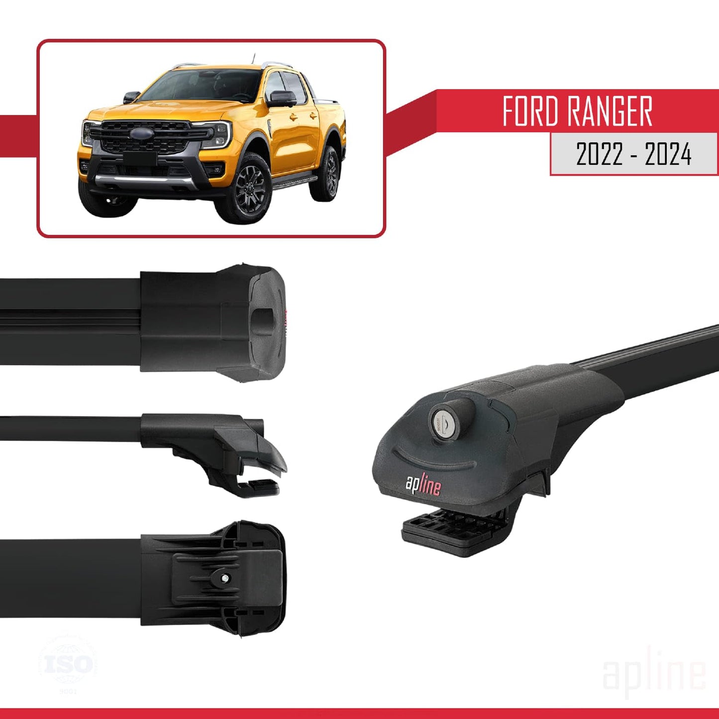 Compatible with Ford Ranger (P703) 2022-2024 ACE-1 Car Roof Rack Cross Bar Black Aluminium 3 Bars