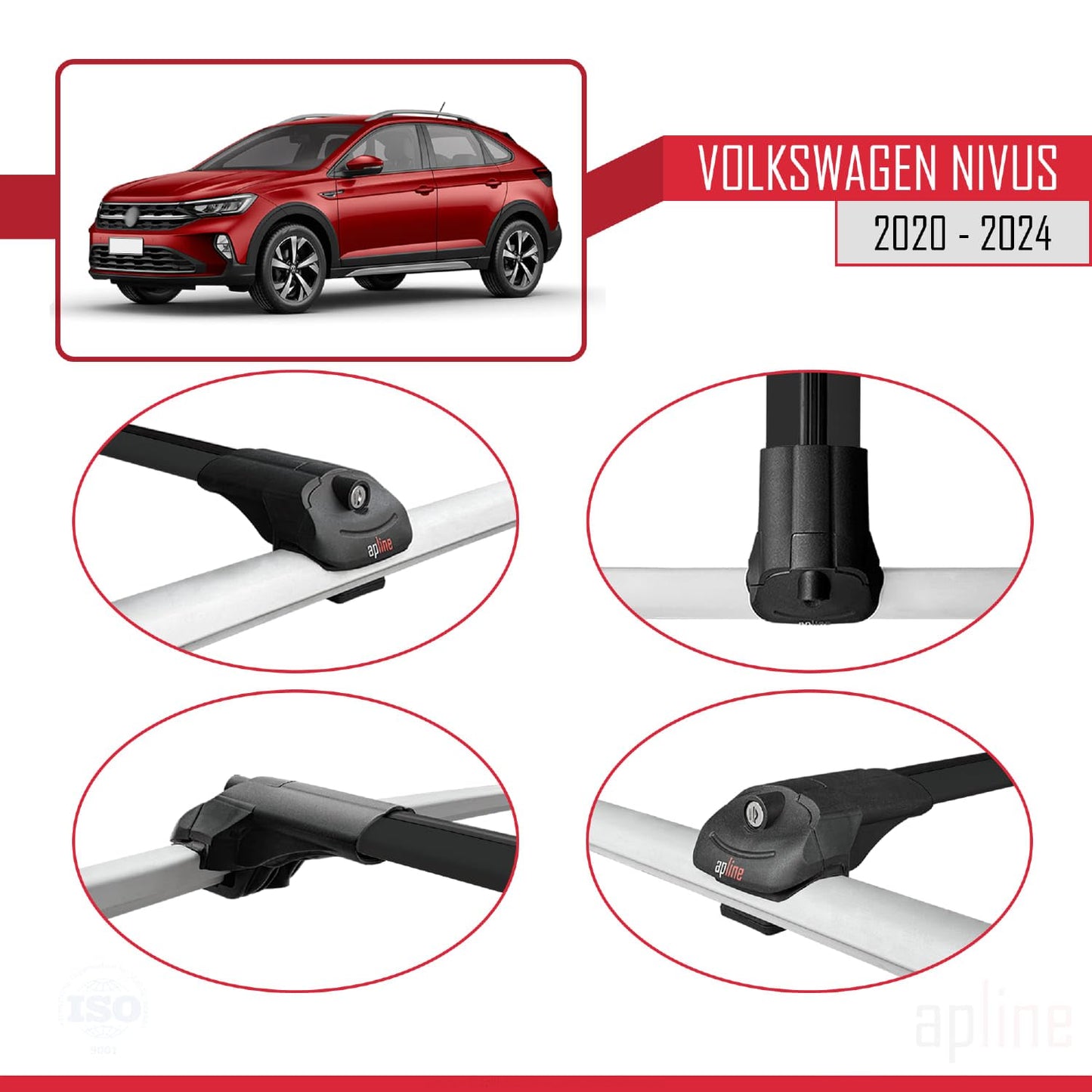 Compatible with VW Nivus 2020-2024 ACE-1 Car Roof Rack Cross Bar Black Aluminium 3 Bars