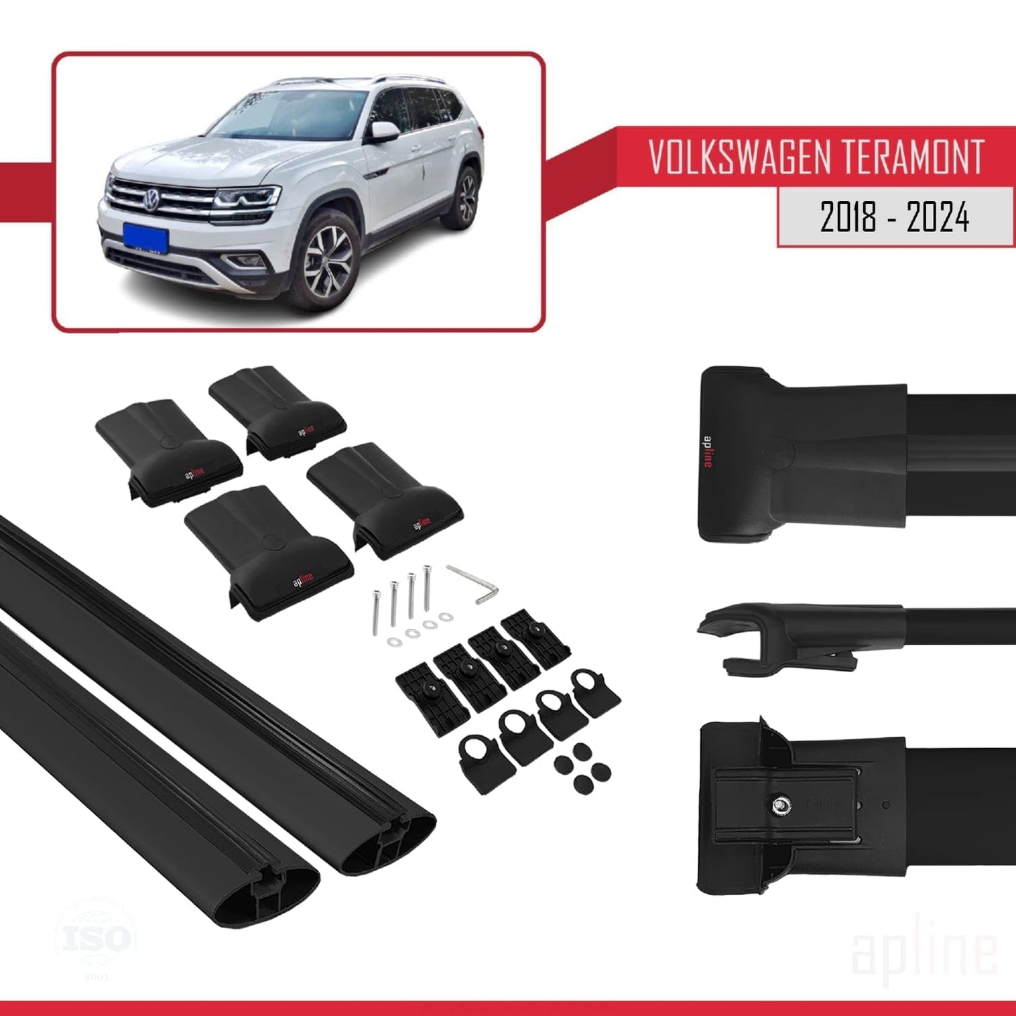 Compatible with Volkswagen Teramont (CA1) 2018-2024 Fly Model Car Roof Rack Cross Bar Black Aluminium 2 Bars