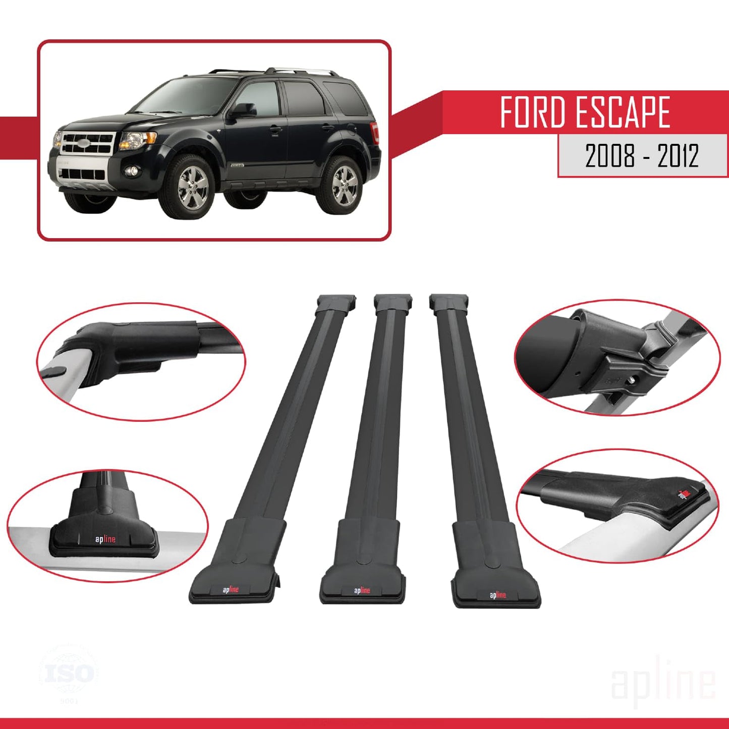 Compatible with Ford Escape 2008-2012 Fly Model Car Roof Rack Cross Bar Black Aluminium 3 Bars
