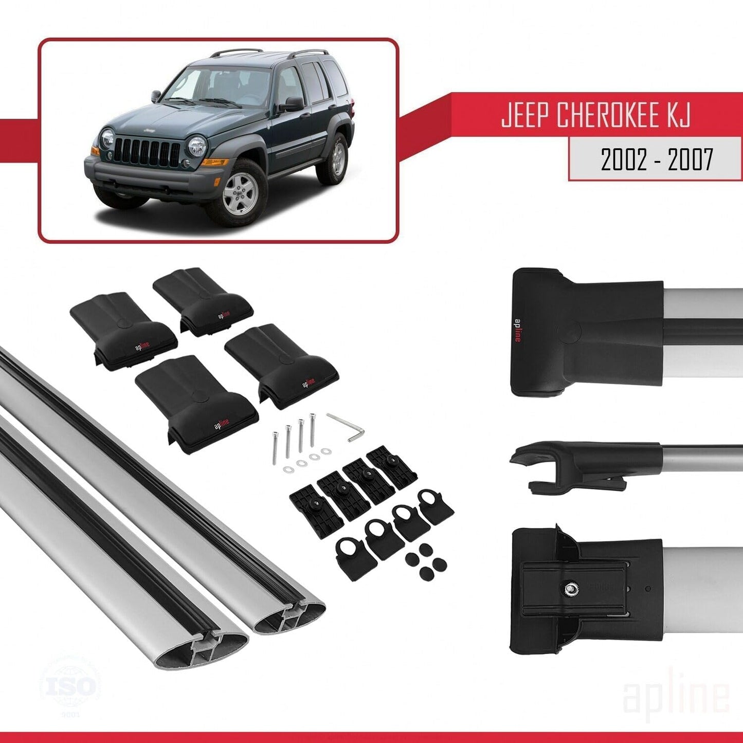 Compatible with Jeep Cherokee 3 (KJ) 2002-2007 Fly Model Car Roof Rack Cross Bar Grey Aluminium 2 Bars