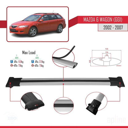 Compatible with Mazda 6 I (GG1) 2002-2007 Fly Model Car Roof Rack Cross Bar Grey Aluminium 2 Bars