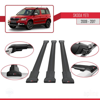 Compatible with Skoda Yeti 2009-2017 Fly Model Car Roof Rack Cross Bar Black Aluminium 3 Bars