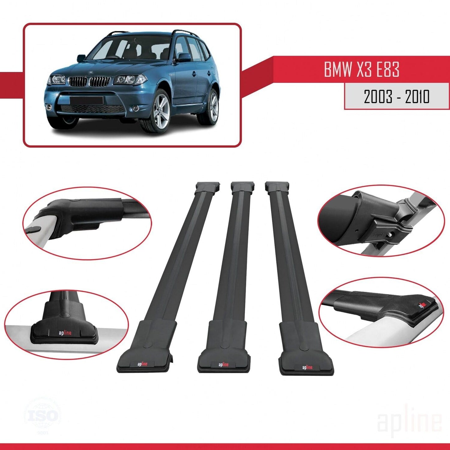 Compatible with BMW X3 (E83) 2003-2010 Fly Model Car Roof Rack Cross Bar Black Aluminium 3 Bars