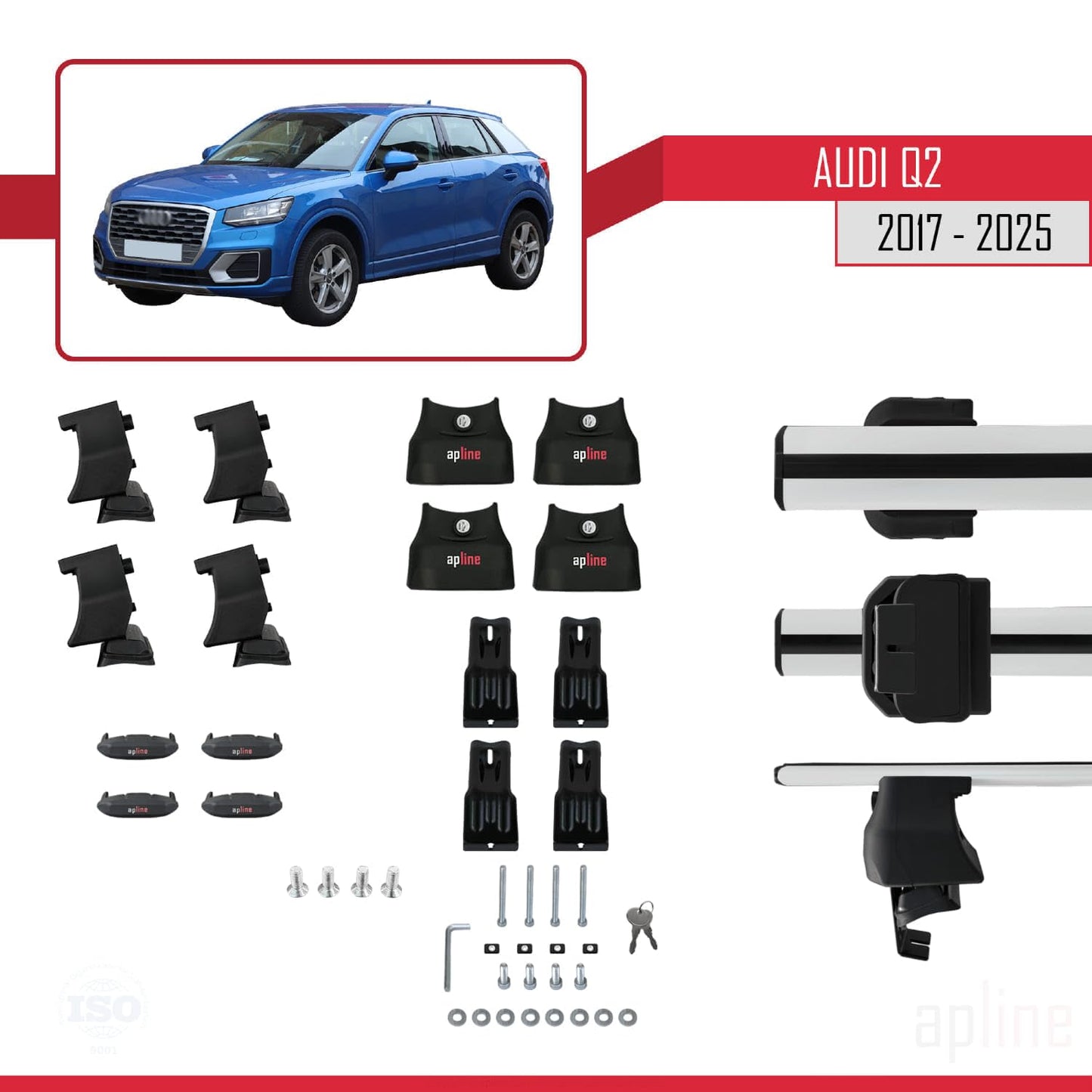 Compatible with Audi Q2 (GA) 2017-2025 ACE-4 Car Roof Rack Cross Bar Grey Aluminium 2 Bars