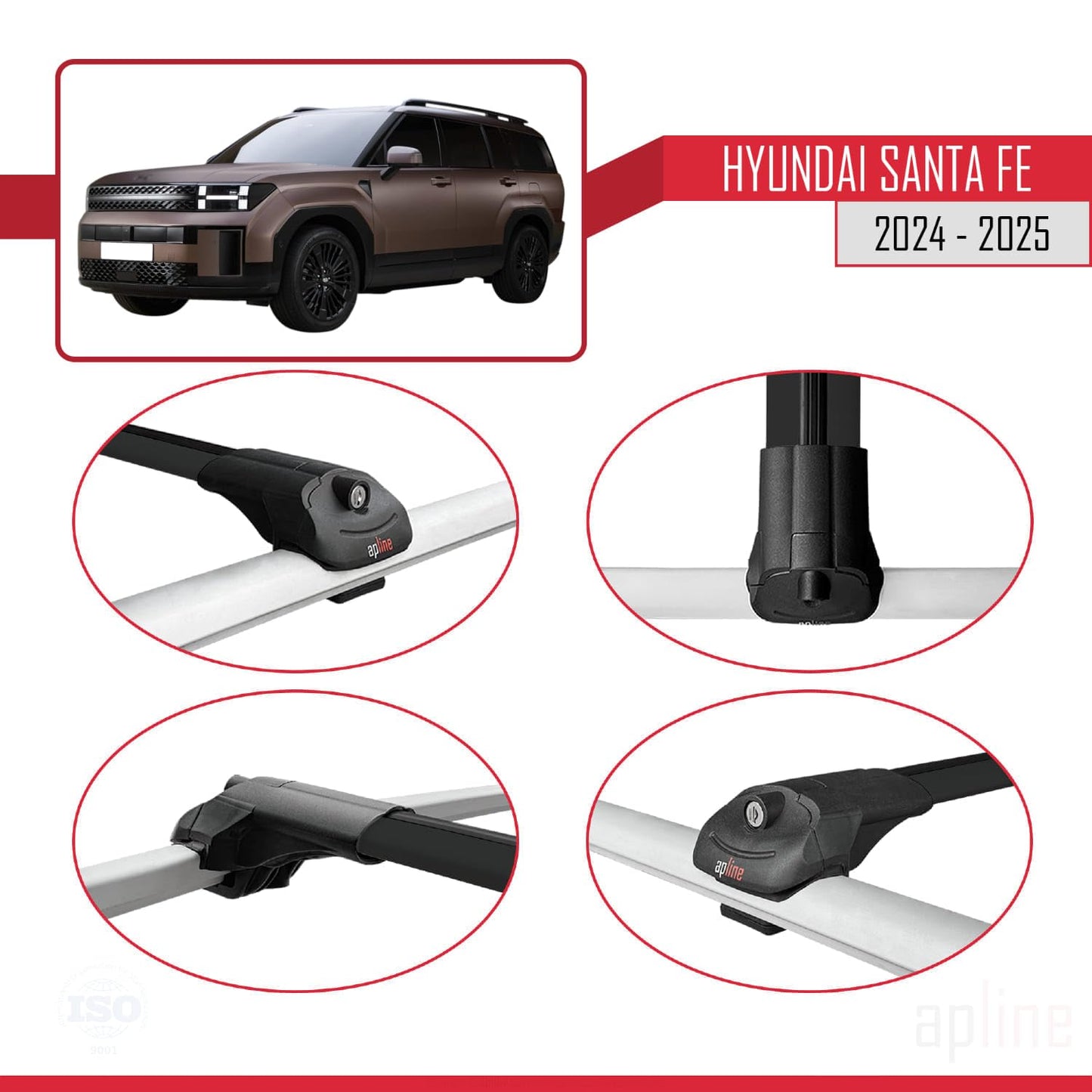 Compatible with Hyundai Santa Fe 2024-2025 ACE-1 Car Roof Rack Cross Bar Black Aluminium 3 Bars