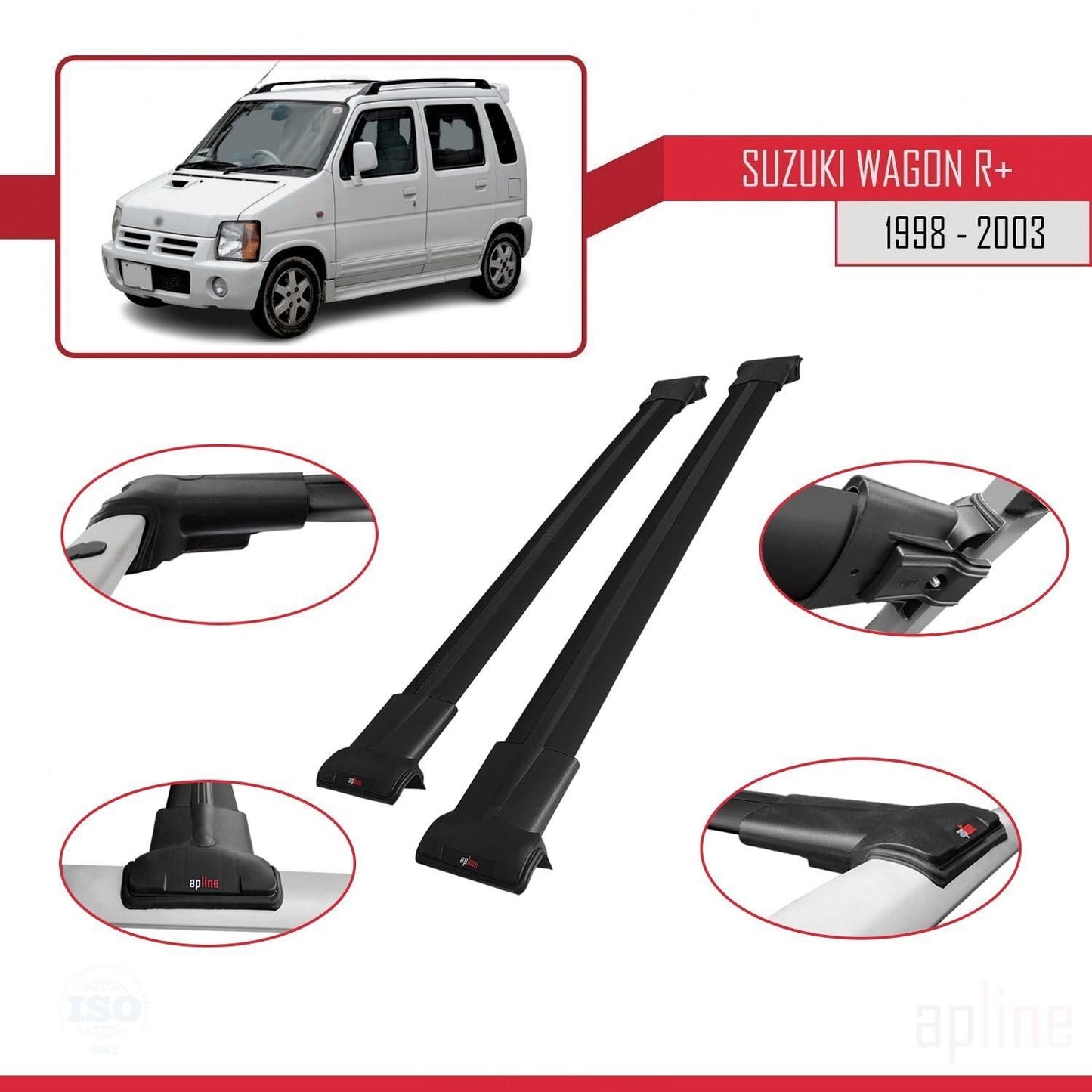 Compatible with Suzuki Wagon R+ 1998-2003 Fly Model Car Roof Rack Cross Bar Black Aluminium 2 Bars