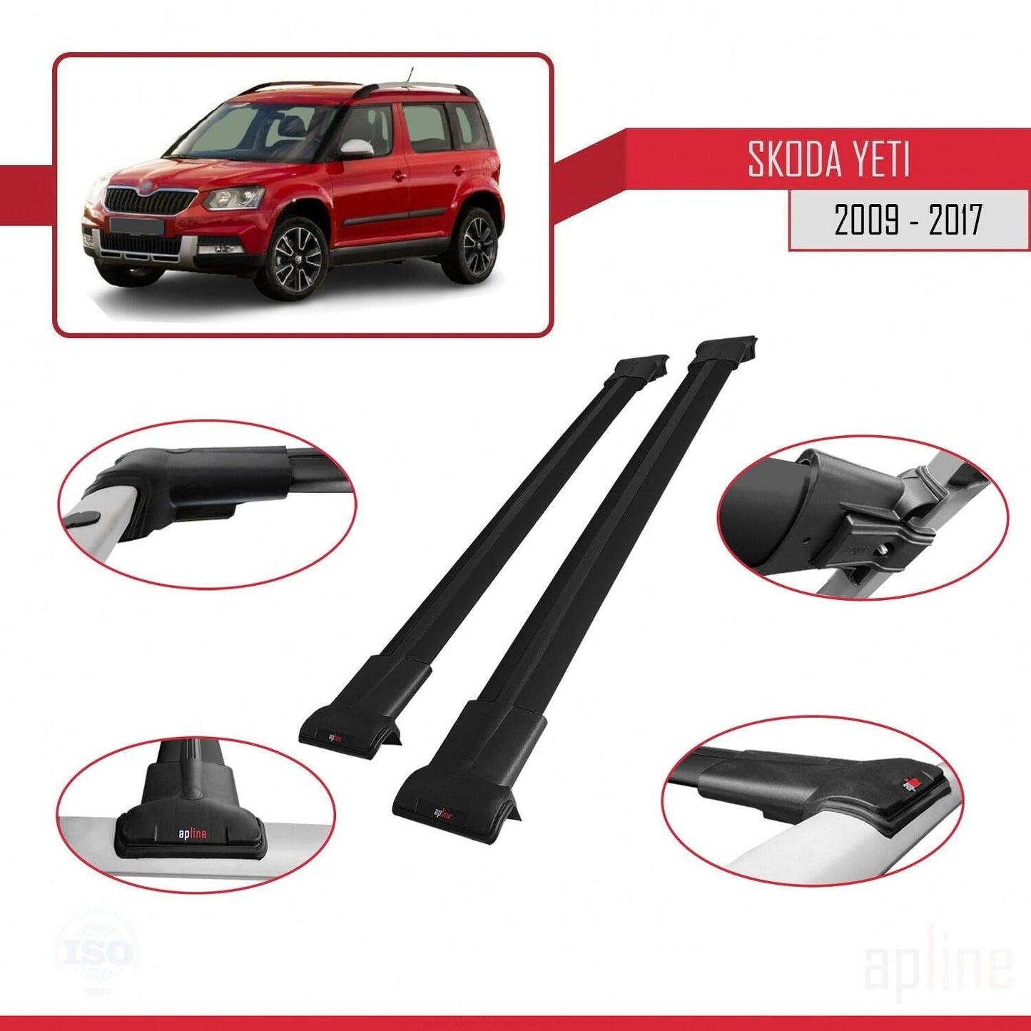 Compatible with Skoda Yeti 2009-2017 Fly Model Car Roof Rack Cross Bar Black Aluminium 2 Bars