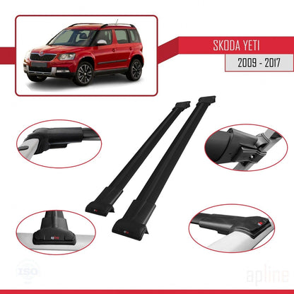 Compatible with Skoda Yeti 2009-2017 Fly Model Car Roof Rack Cross Bar Black Aluminium 2 Bars